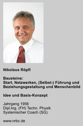 Nikolaus Rpfl  Bausteine: Start, Netzwerken, (Selbst-) Fhrung und Beziehungsgestaltung und Menschenbild  Idee und Basis-Konzept  Jahrgang 1956 Dipl.Ing. (FH) Techn. Physik Systemischer Coach (SG)  www.nrbc.de